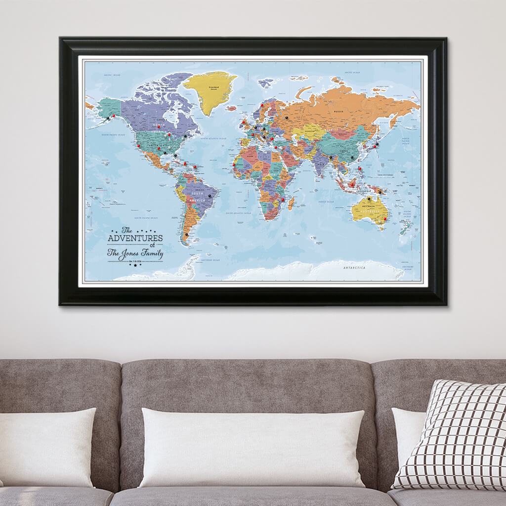 Blue Oceans World Travel Map on Canvas in Black Frame