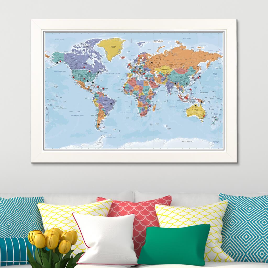 Push Pin Travel Maps - Customizable Blue Oceans World Push Pin Travel Map with Textured White Frame- 27.5 x 39.5 - 8 Handcrafted Frame options 