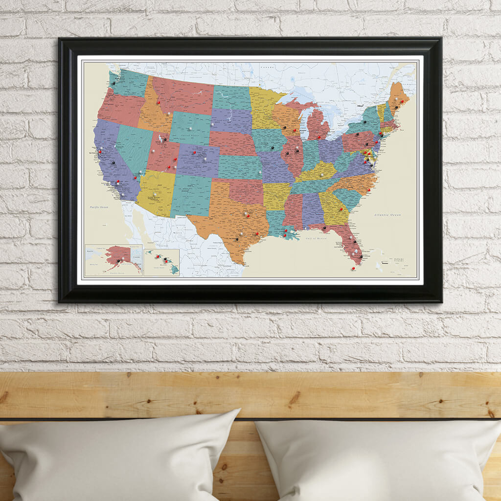 Canvas Tan Oceans USA Travelers Map in Black Frame