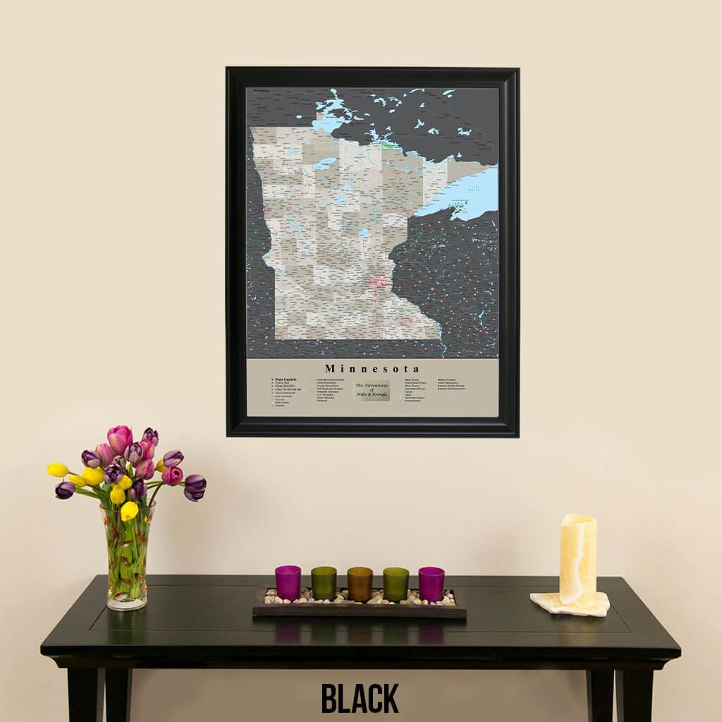 Earth Toned Minnesota State Map with Pins Black Frame