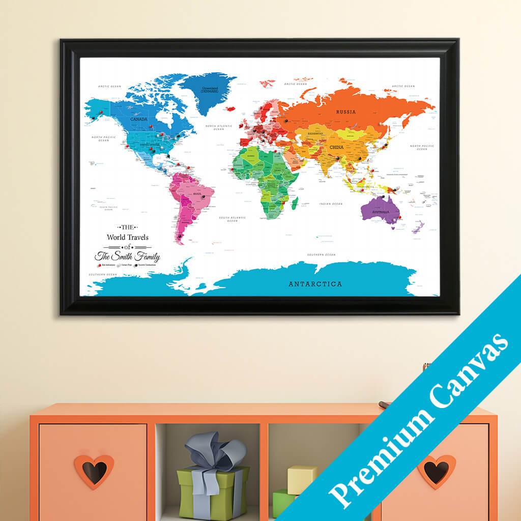 Canvas Colorful World Map With Pins