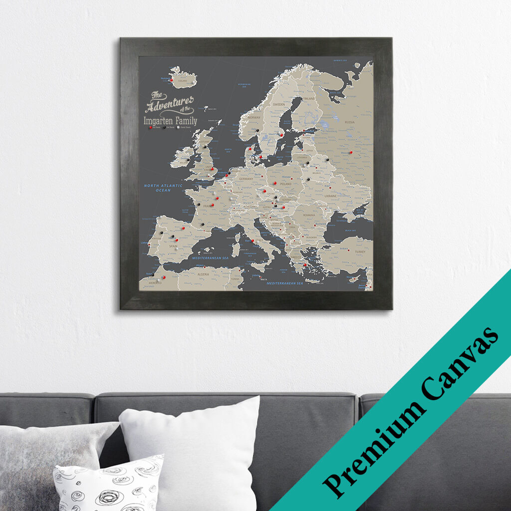 Framed Canvas Square Earth Toned Europe Map with Pins