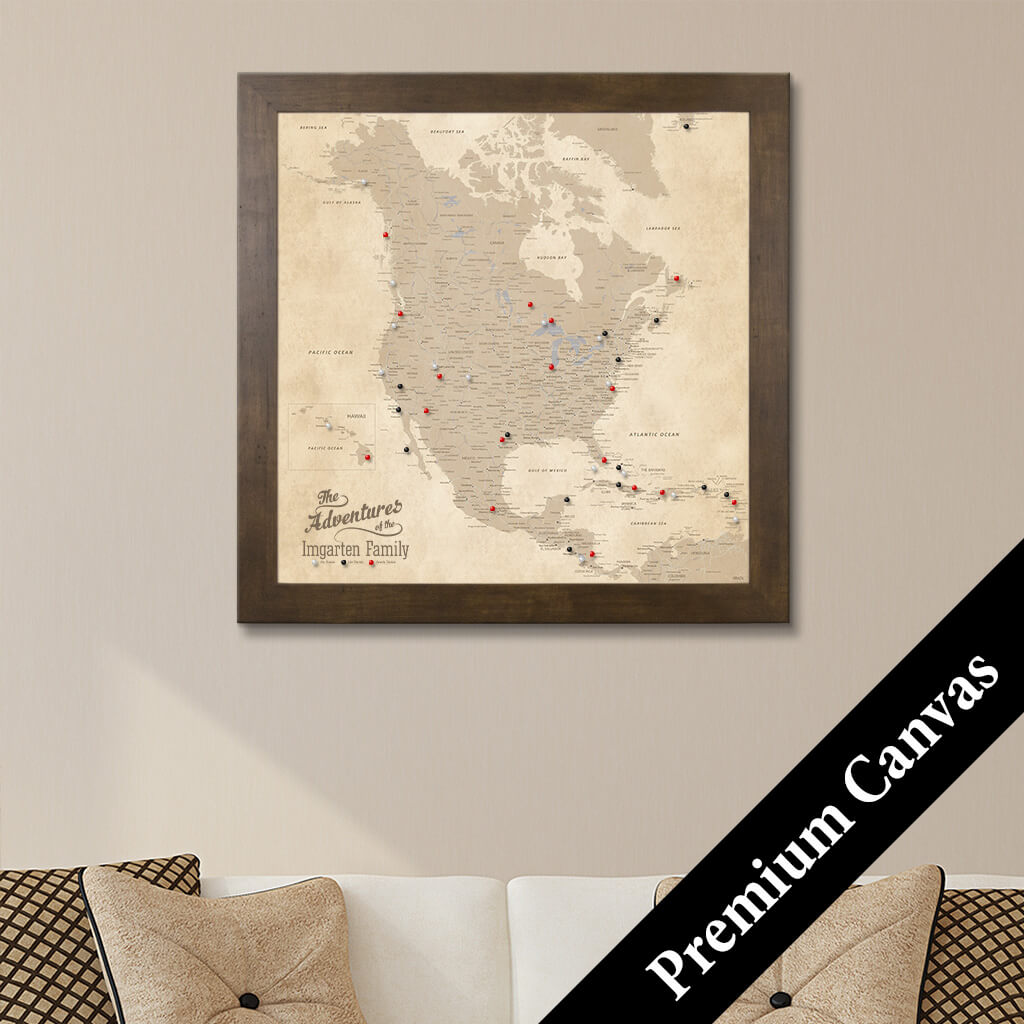 Framed Canvas Map - Vintage North America Travel Map with Pins
