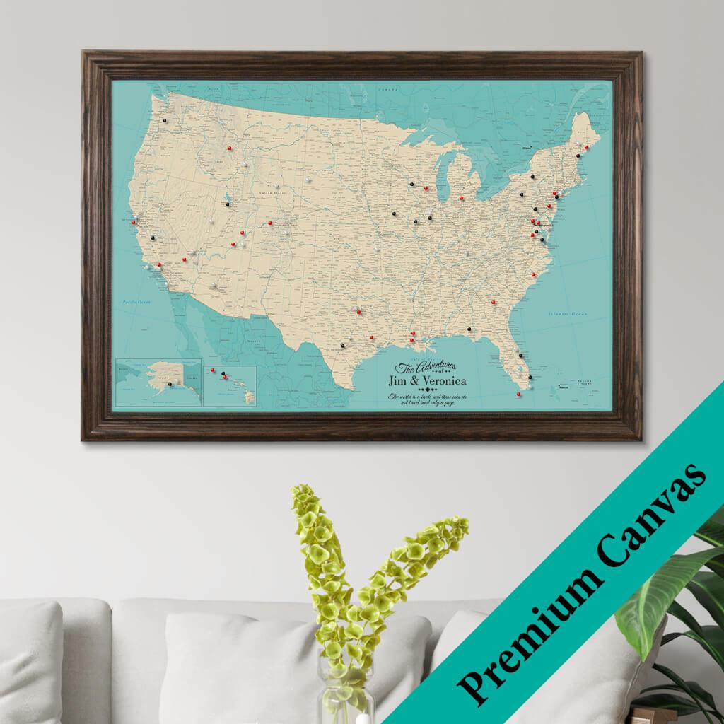 Canvas Teal Dreams USA Pinboard Wall Map with Pins