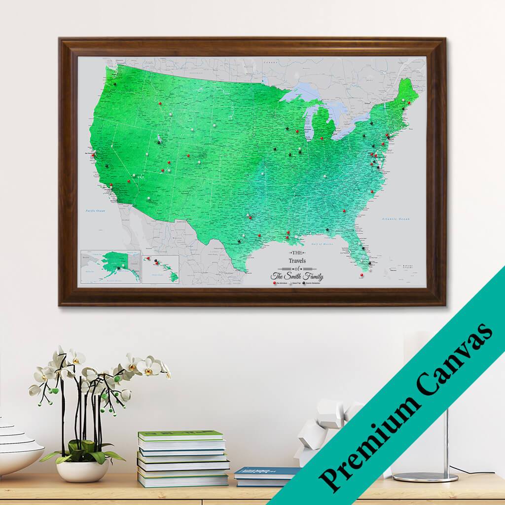Enchanting Emerald Watercolor USA Canvas Map with Pins