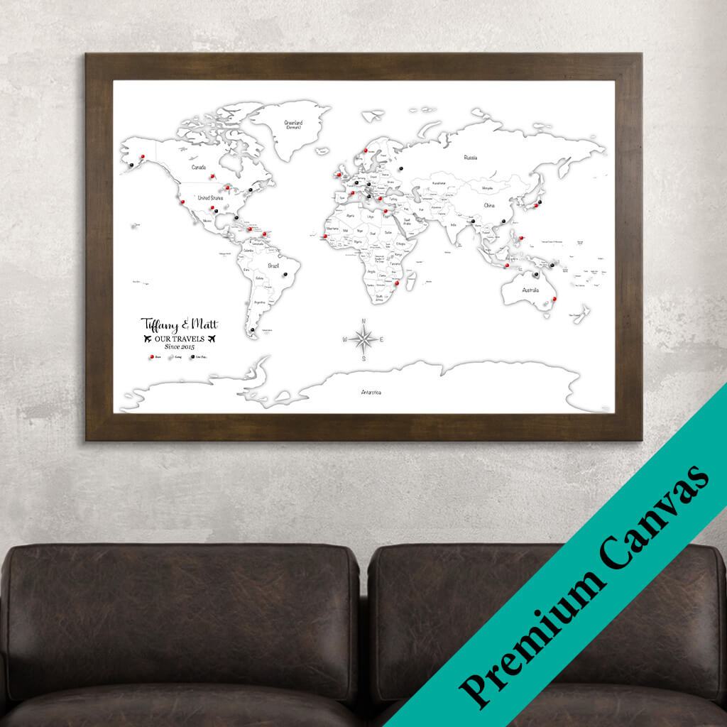 Canvas Black &amp; White Hand-Drawn Illustrative World Map with Pins 