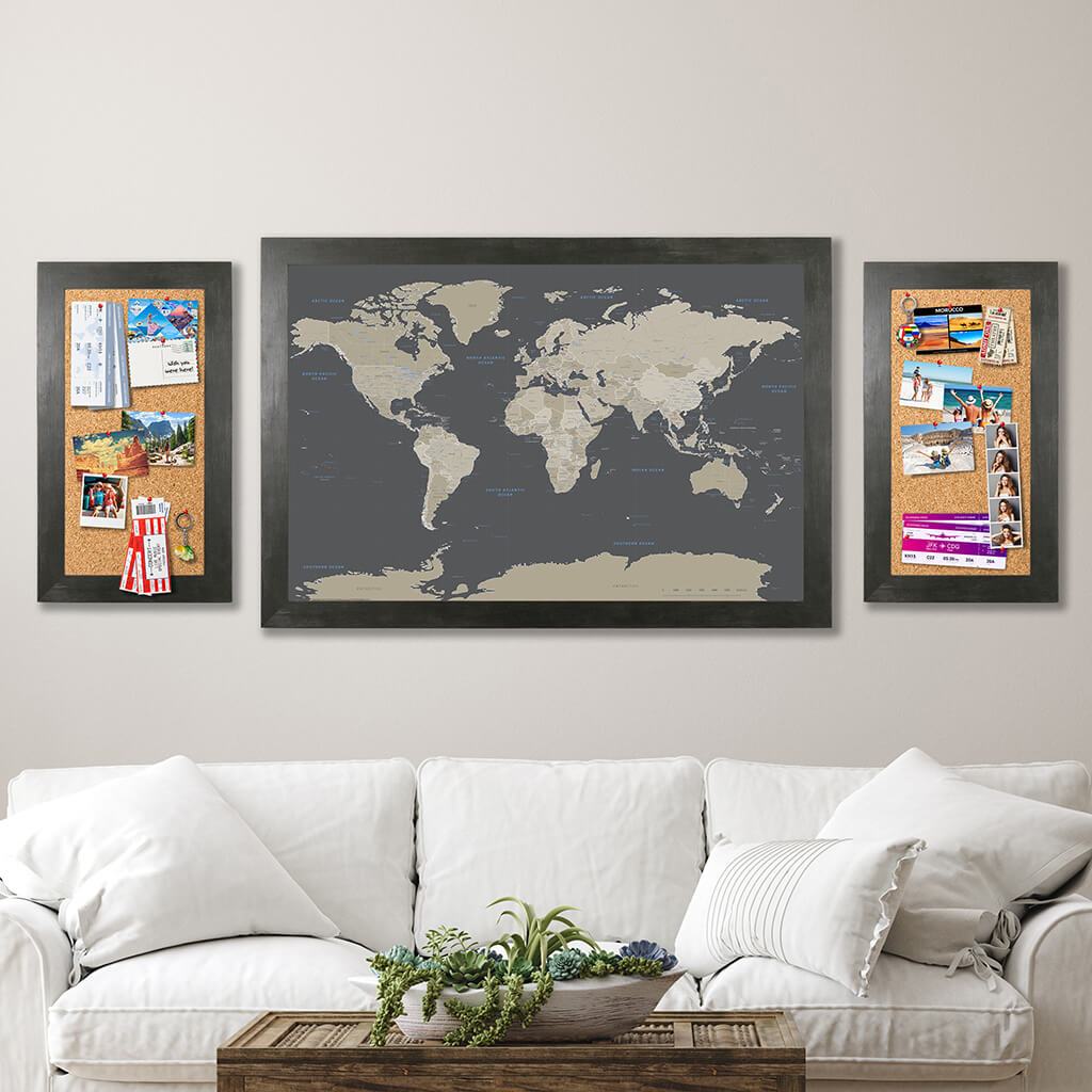 Memo Boards in Rustic Black with Earth Toned World Map