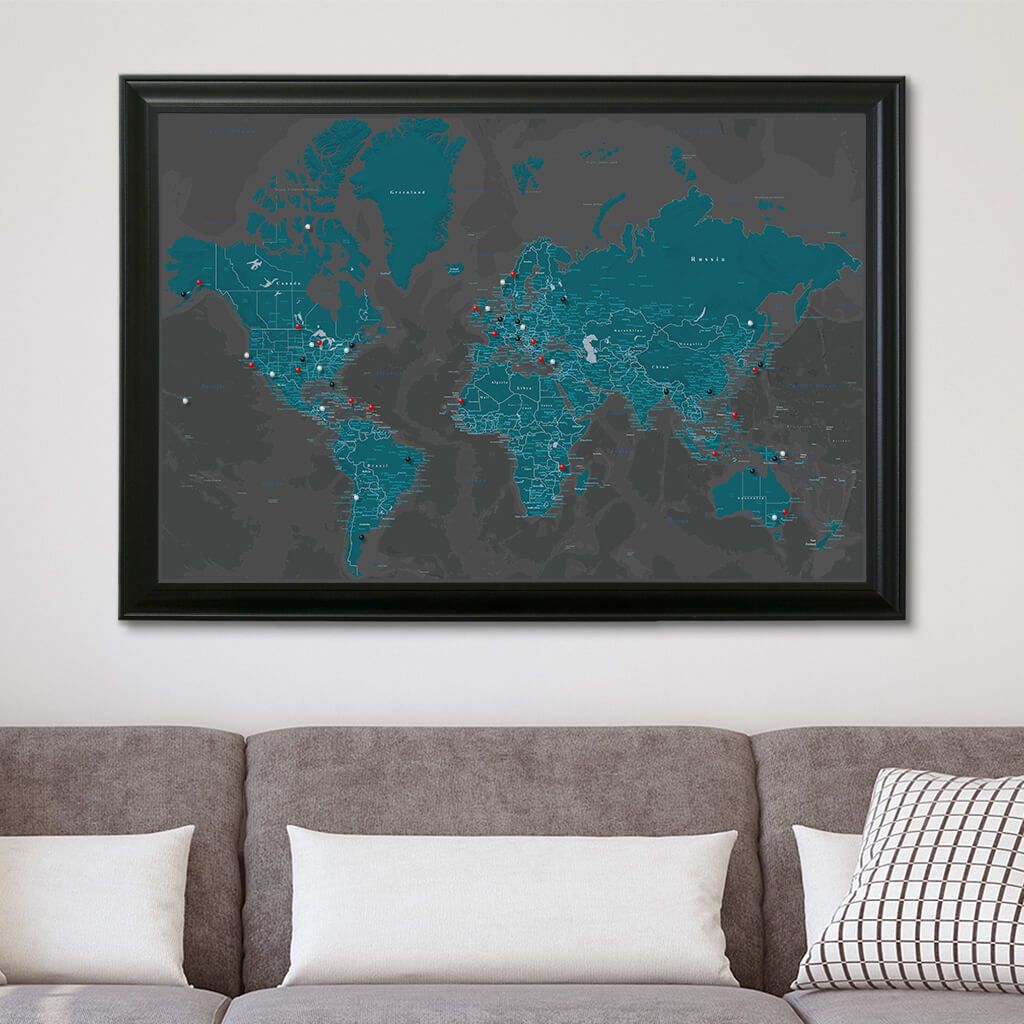 Midnight Dream World Pin Map with Pins in Black Frame