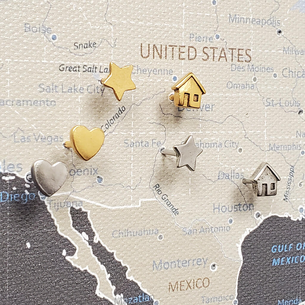 Set of 4 Metal Mini Push Pins - Hearts, Houses, Stars