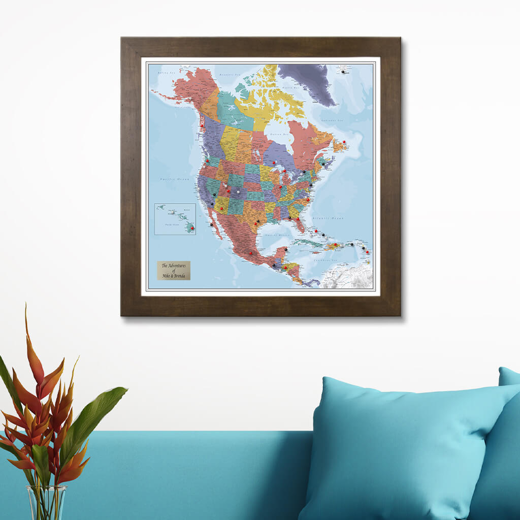 Frame Blue Oceans North America Travel Map with Pins