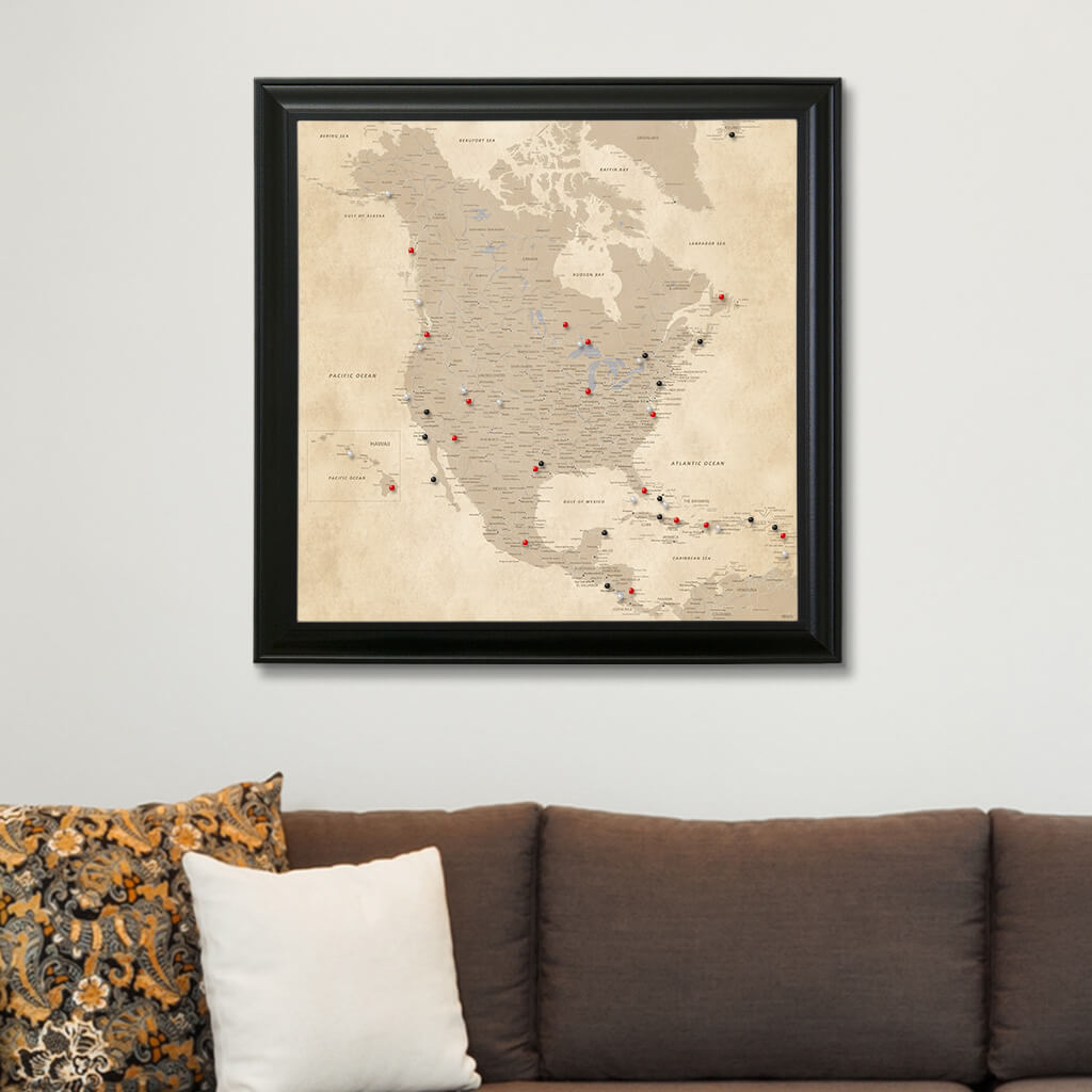 Framed Canvas Map - Vintage North America Map in Black Frame
