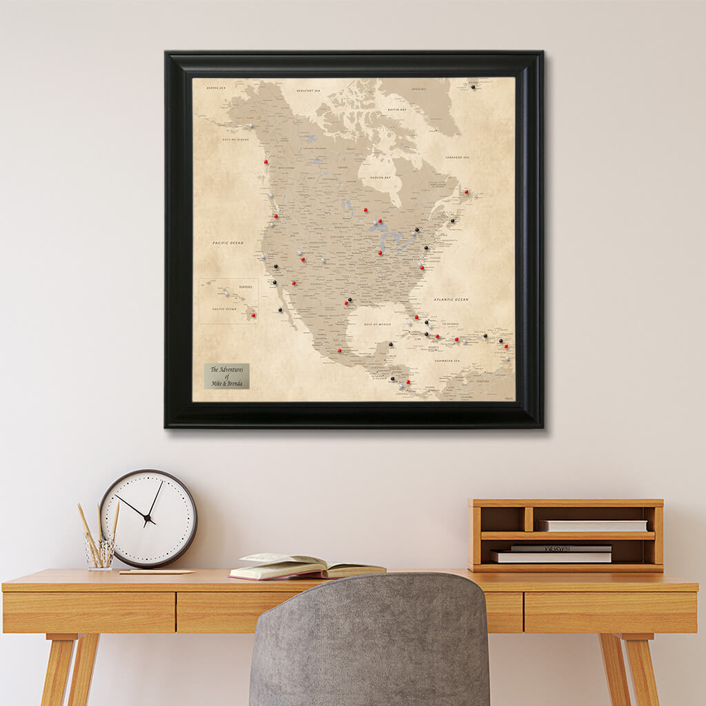 Framed Vintage North America Wall Map - Black Frame