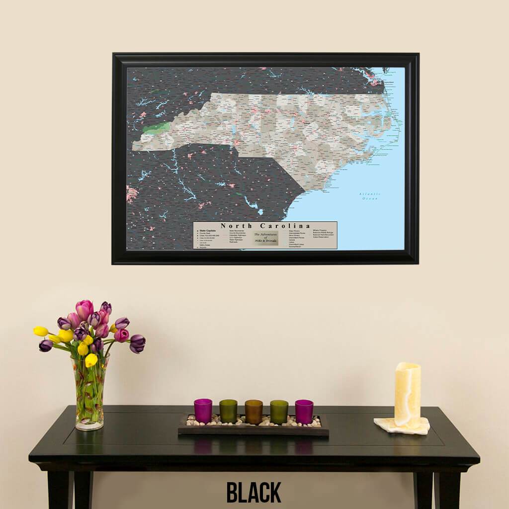 Earth Toned North Carolina State Map with Pins Black Frame