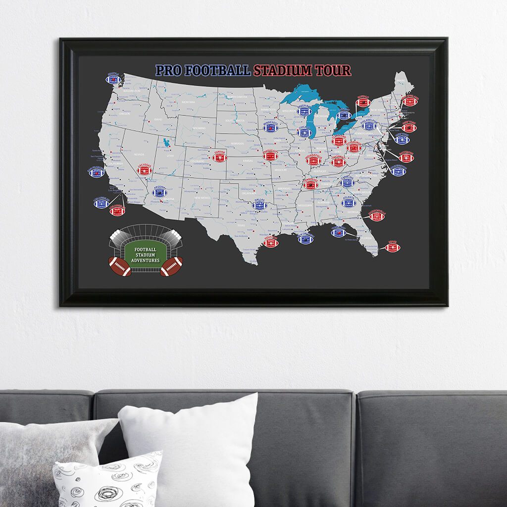 Black and Gray NFL Stadiums Travel Map with Pins in Black Frame