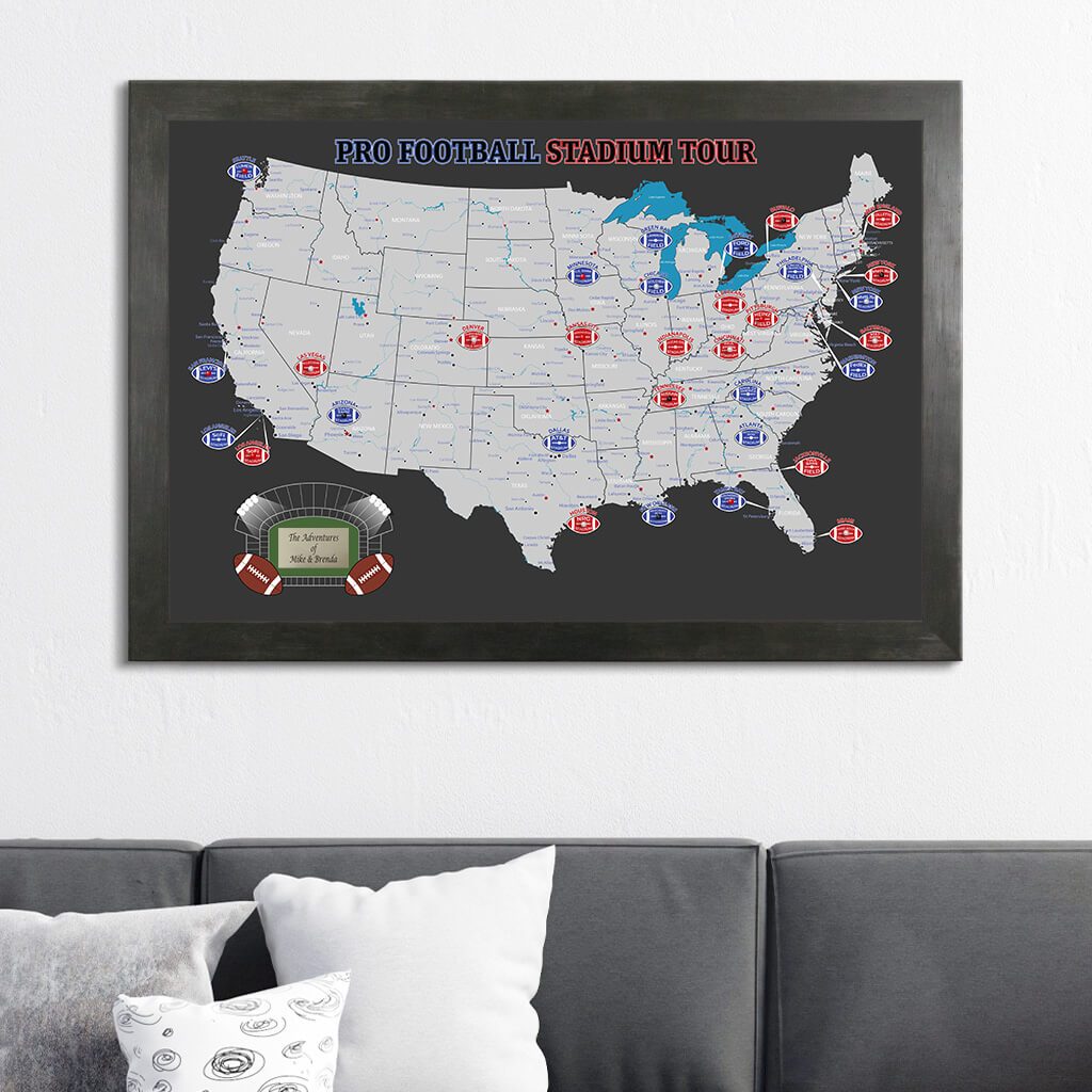 Black and Gray NFL Stadiums Travel Map with Pins