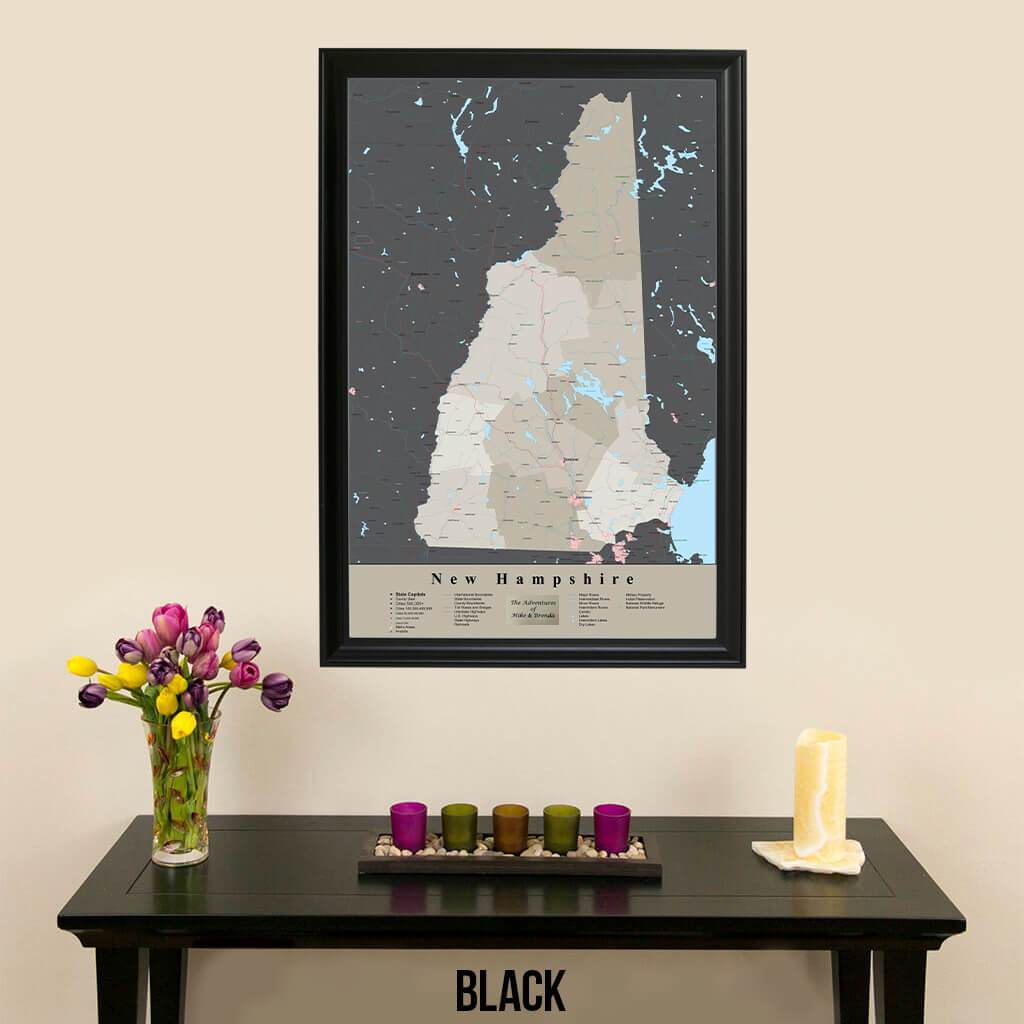 Earth Toned New Hampshire State Travel Pin Map Black Frame