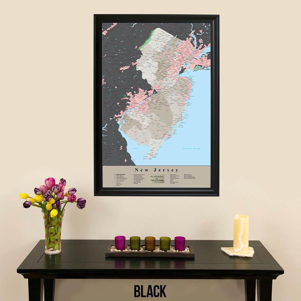 Earth Toned New Jersey State Travelers Map with Pins Black Frame