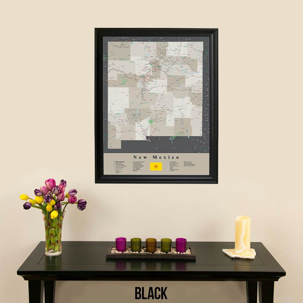 Earth Toned New Mexico Framed Travel Map Black Frame