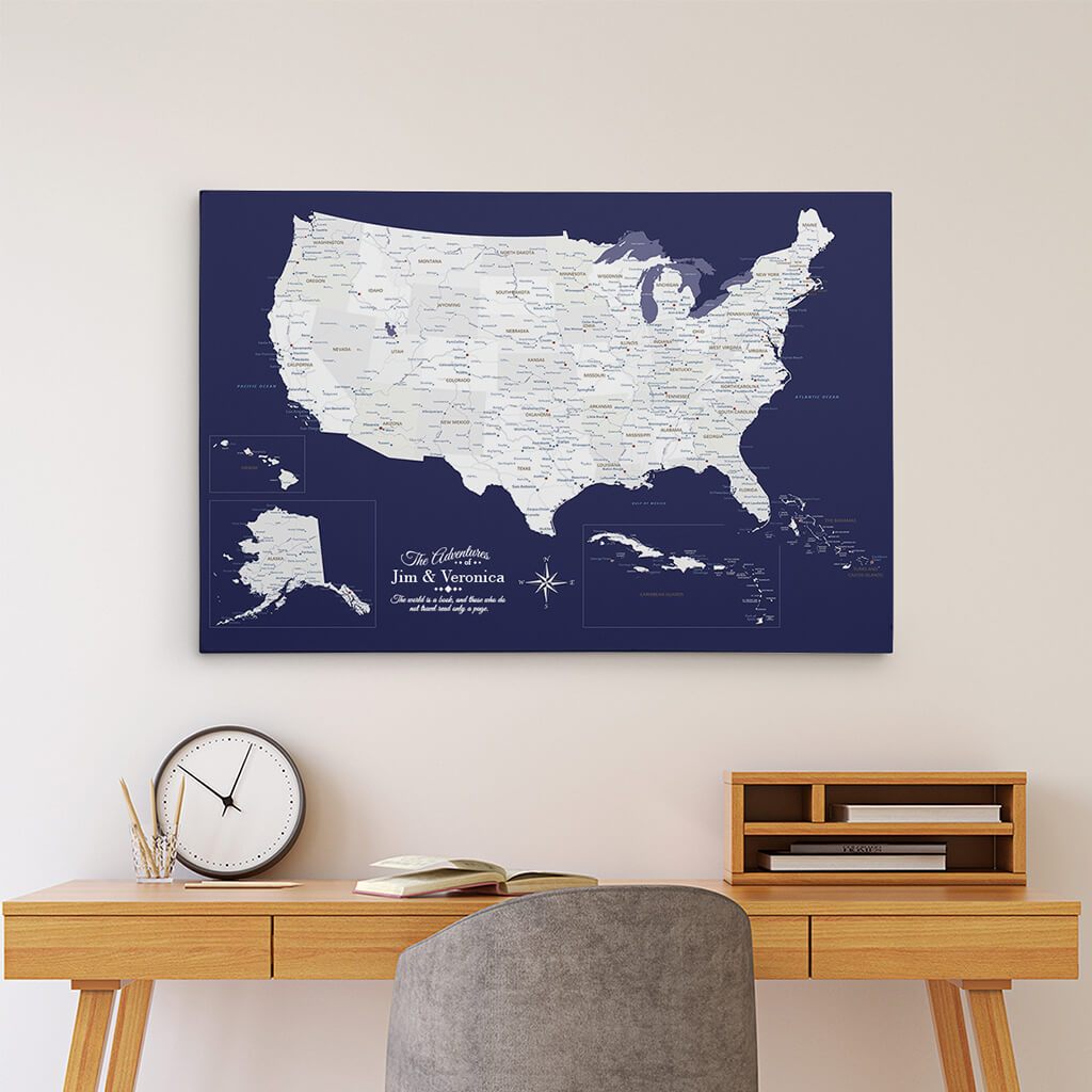 24x36 Gallery Wrapped Canvas Navy Explorers USA &amp; Caribbean Map