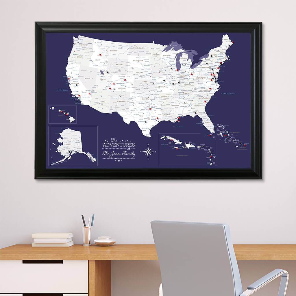 Canvas Navy Explorers USA Push Pin Map in Black Frame