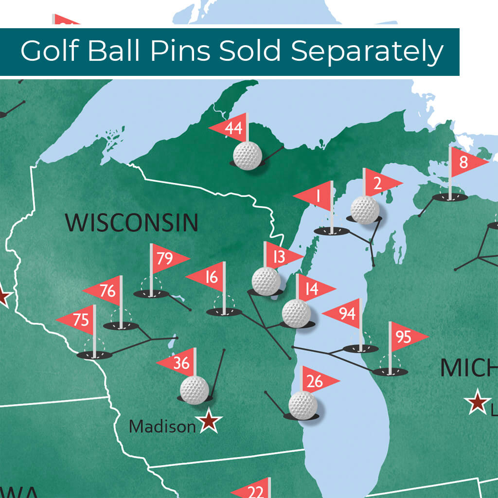 Golf gifts for men, Map of USA golfer locations. Top 100 public courses and  many more places to tick off your Golfing Bucket List wall map