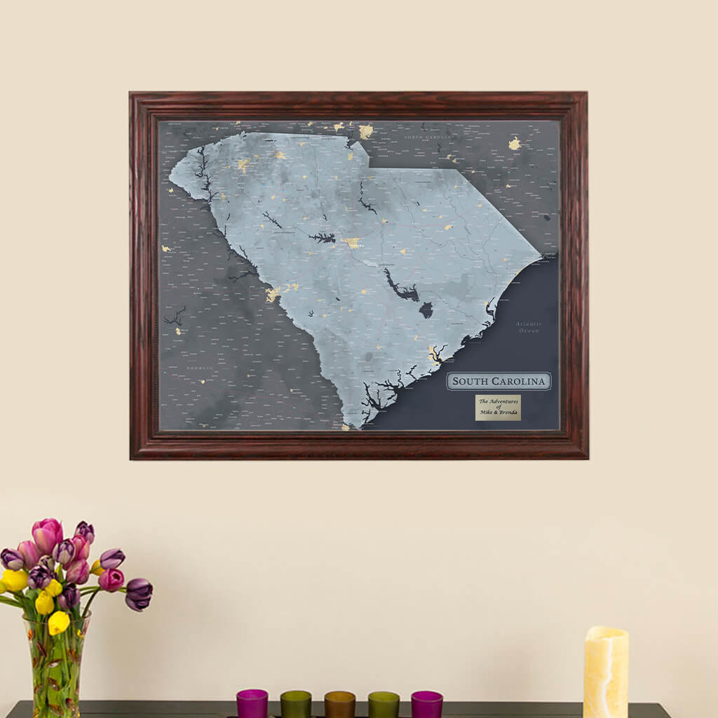Framed South Carolina Slate Gray Push Pin Travel Map with Pins
