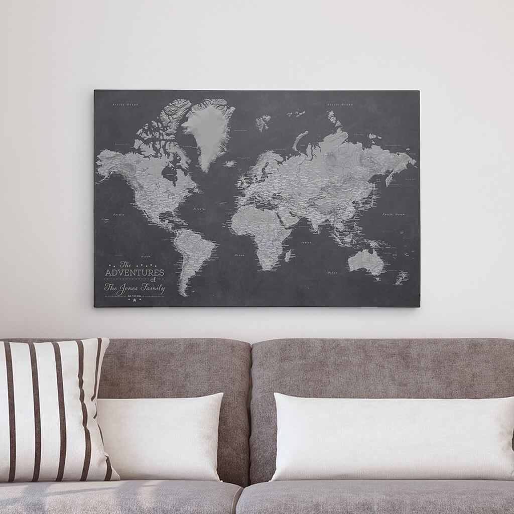 24x36 Gallery Wrapped Stormy Dreams World Map with Pins 