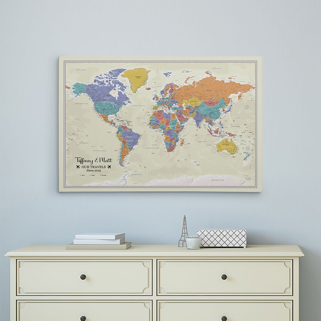 24x36 Gallery Wrapped Tan Oceans World Map