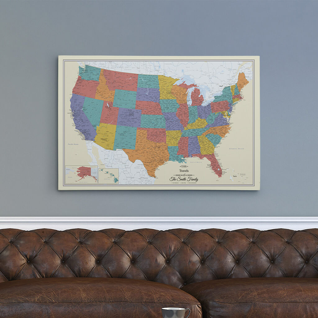 24x36 Gallery Wrapped Canvas Tan Oceans USA map