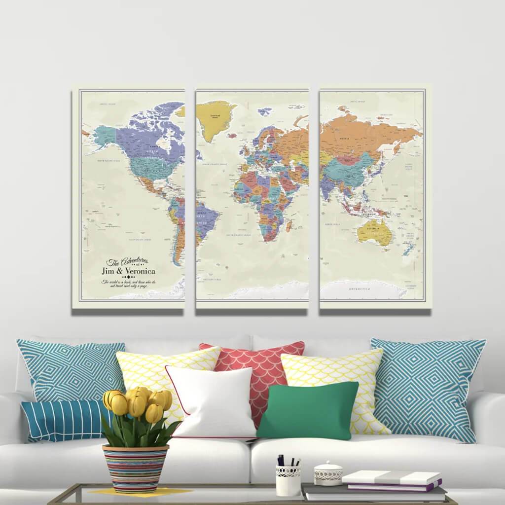 Extra Large 3 Panel Canvas Wall Map with Pins - Tan Oceans World
