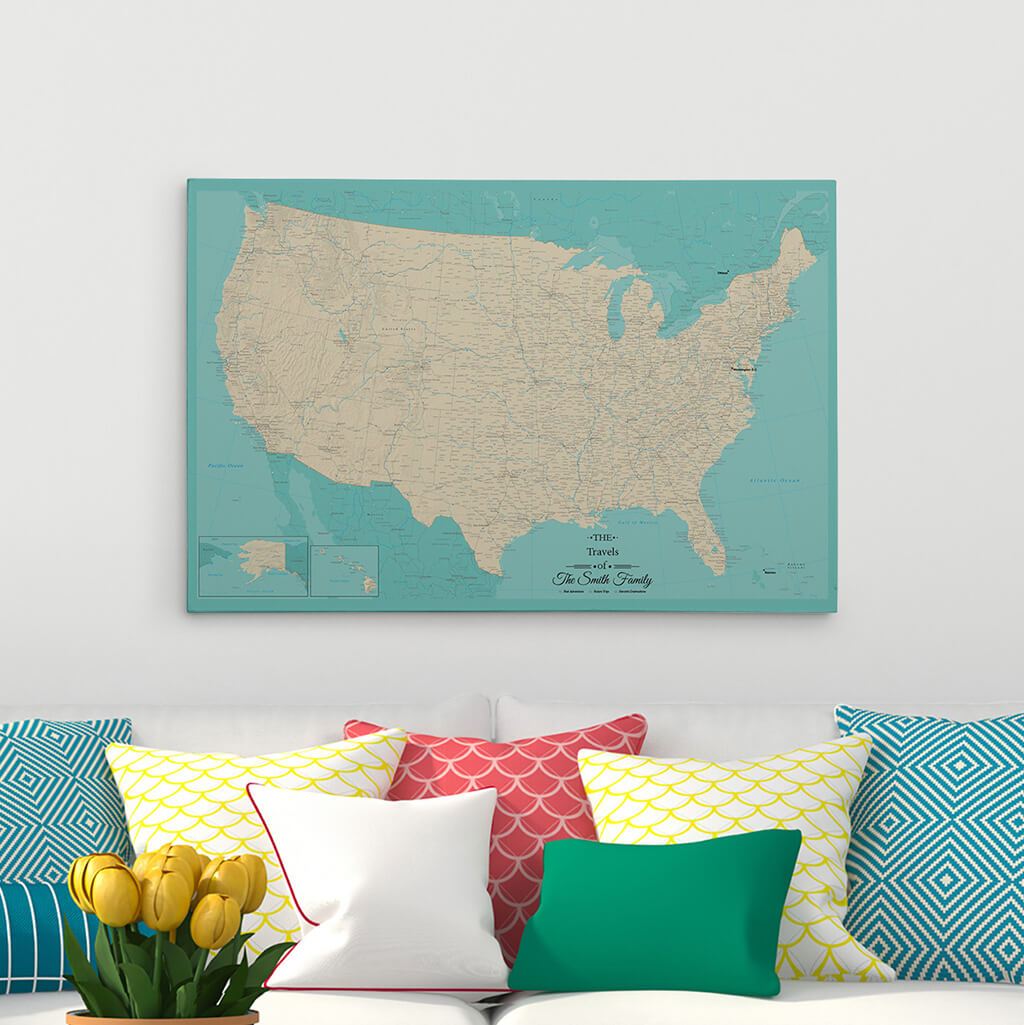 24x36 Gallery Wrapped Teal Dream USA Map