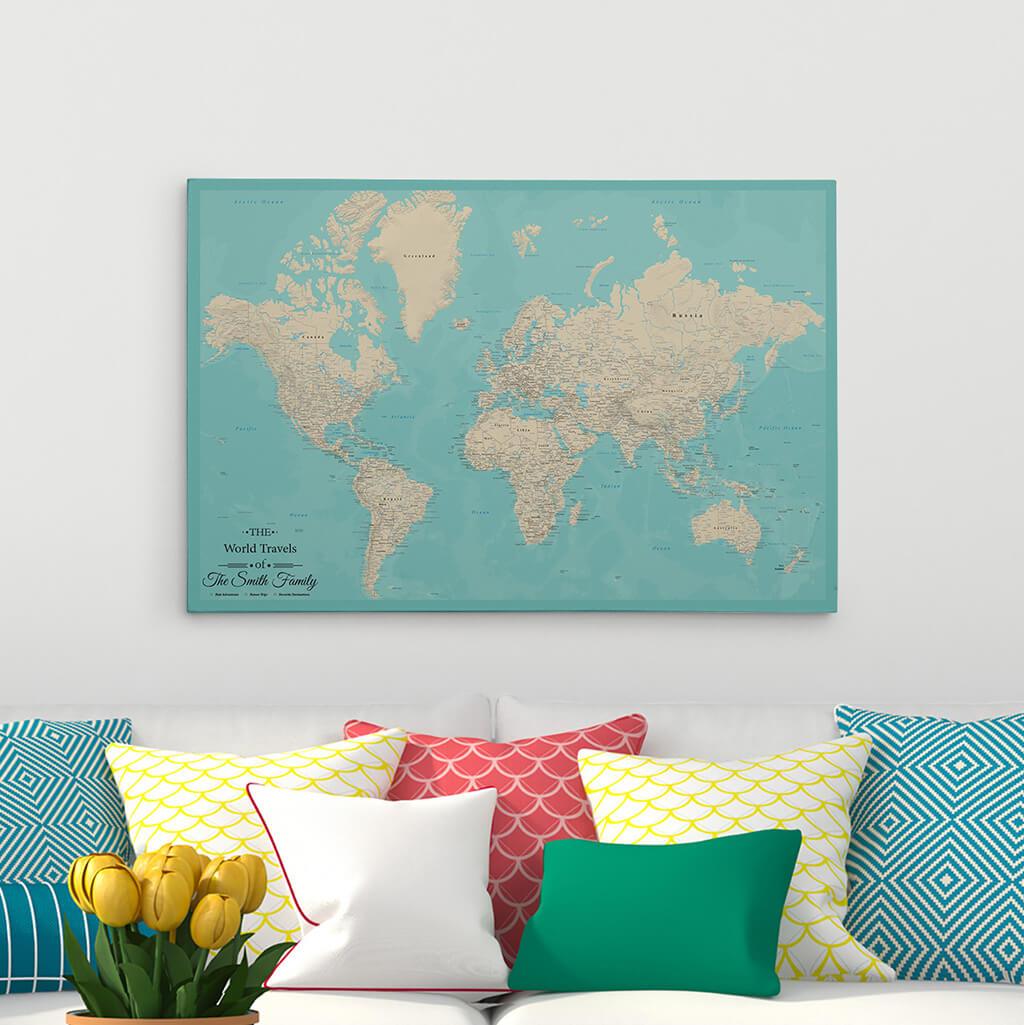 24x36 Gallery Wrapped Teal Dream World Push Pin Travel Map