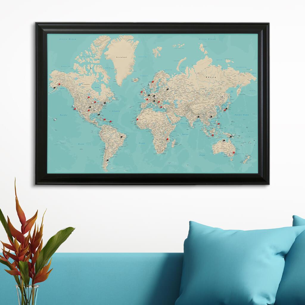 Push Pin Travel Maps Pinboard Map - Teal Dream World in Black Frame
