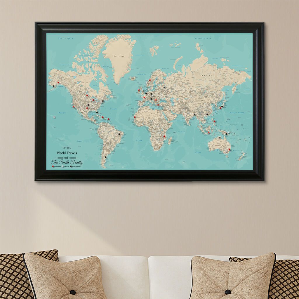 Canvas Teal Dreams World Map Black Frame
