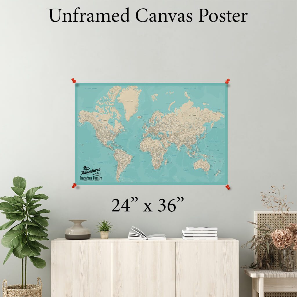 Teal Dream World Canvas Map Poster 24 x 36