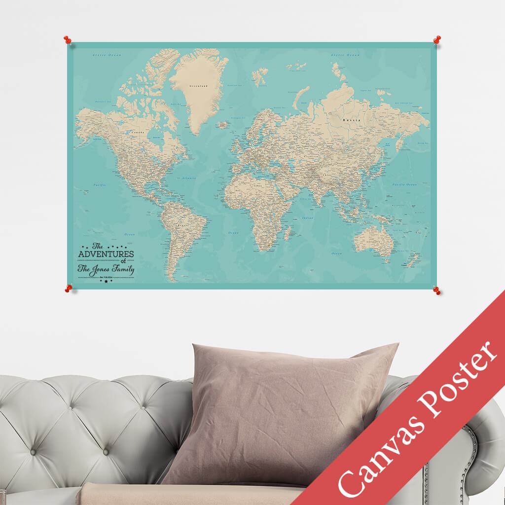 Teal Dream World Canvas Map Poster