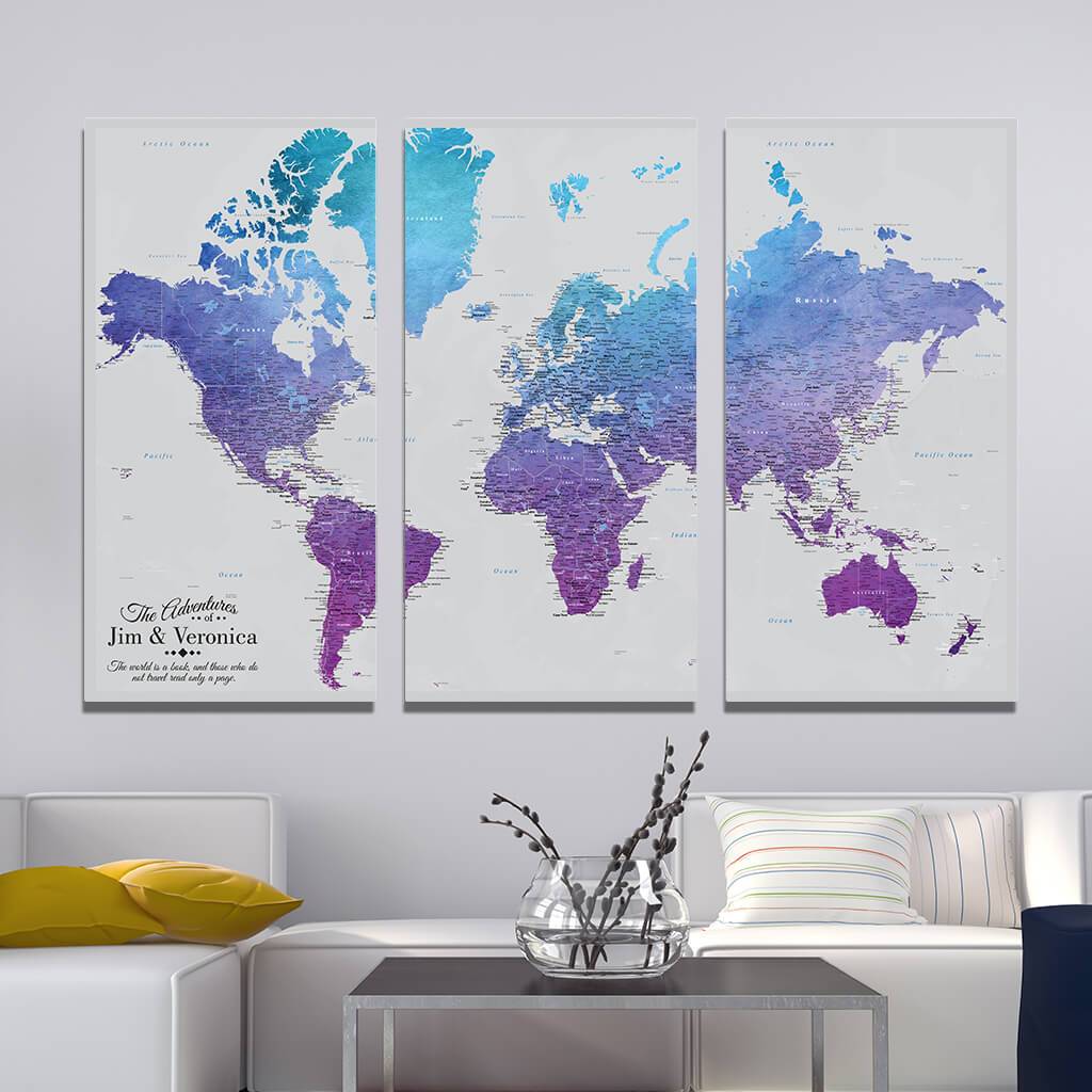 3 Panel - Vibrant Violet Large World Travel Pin Map