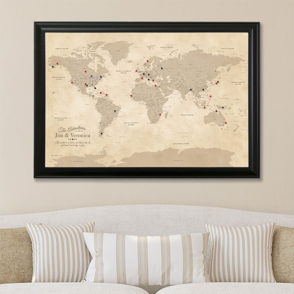 World Map Push Pin Wall Art, Cork World Map Board, Wooden World