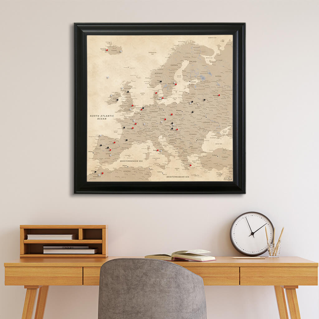 Framed Vintage Europe Canvas Map in Square Black Frame