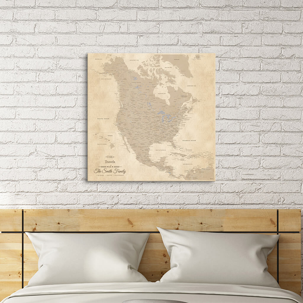 Canvas Gallery Stretched Vintage North America Push Pin Travelers Map - 24&quot; x 24&quot;