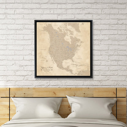 Gallery Wrapped 24"x24" Vintage North America Map in Black Float Frame
