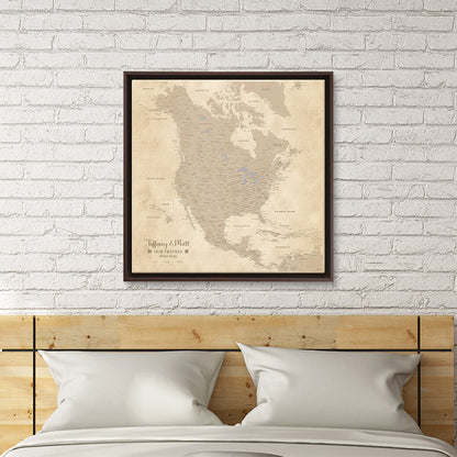 Gallery Wrapped 24"x24" Vintage North America Map in Brown Float Frame