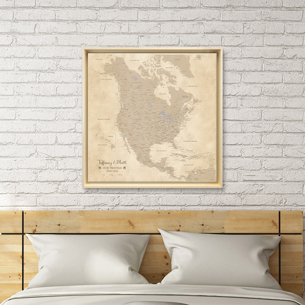 Gallery Wrapped 24"x24" Vintage North America Map in Natural Tan Float Frame