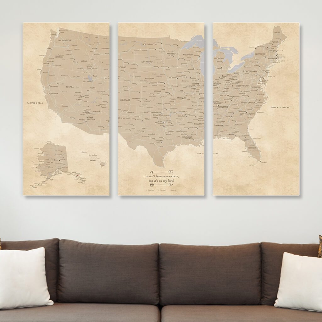 Wall Panel Map 3-Panel US Map | Vintage Canvas Map | Pinnable Wall Map – Push Pin ...