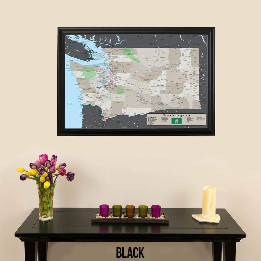 Earth Toned Washington State Push Pin Travel Map Black Frame