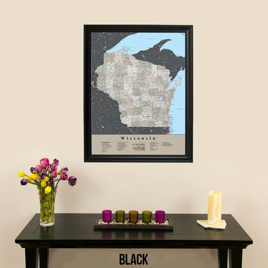 Earth Toned Wisconsin Travel Map with Pins Black Frame