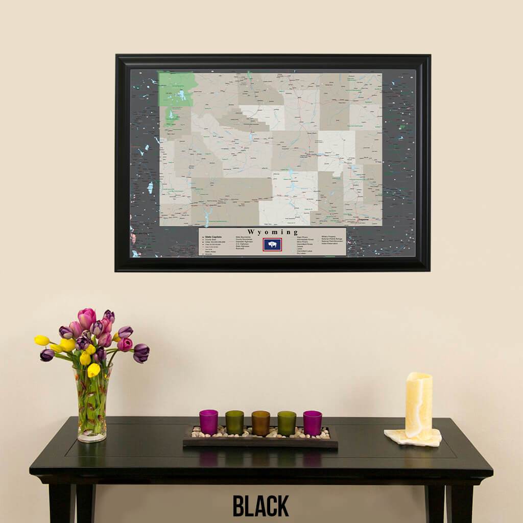 Framed Earth Toned Pin Map of Wyoming Black Frame
