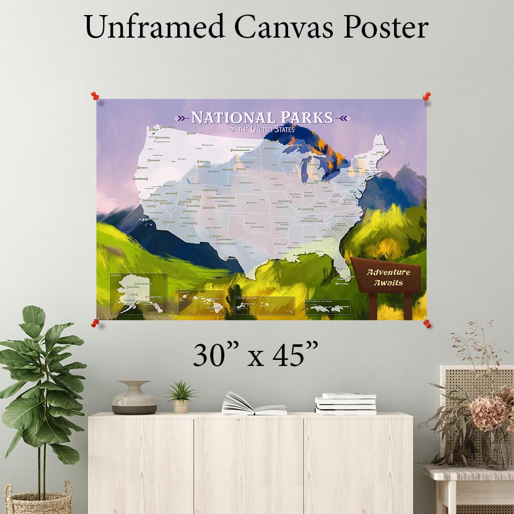 Watercolor National Parks Map Canvas Poster | Push Travel Maps